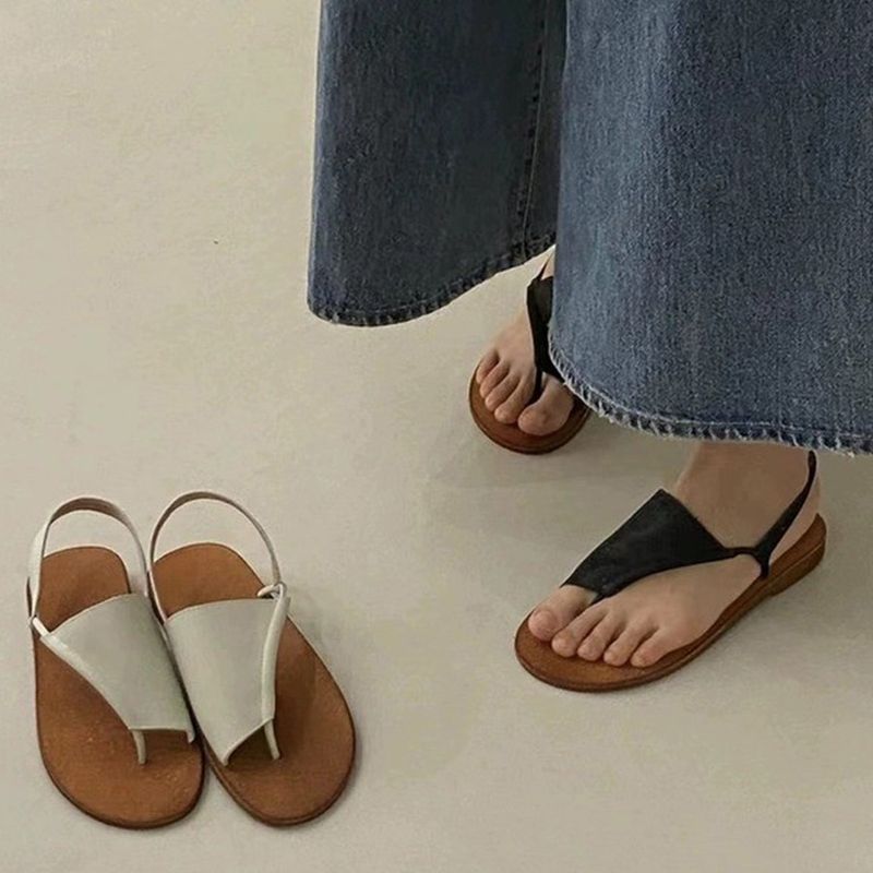 Einfache Römersandalen aus französischem Leder mit flacher Spitze für Damen, neuer Sommer, Strand, lässige Flip-Flops für den Außenbereich_voghion.com