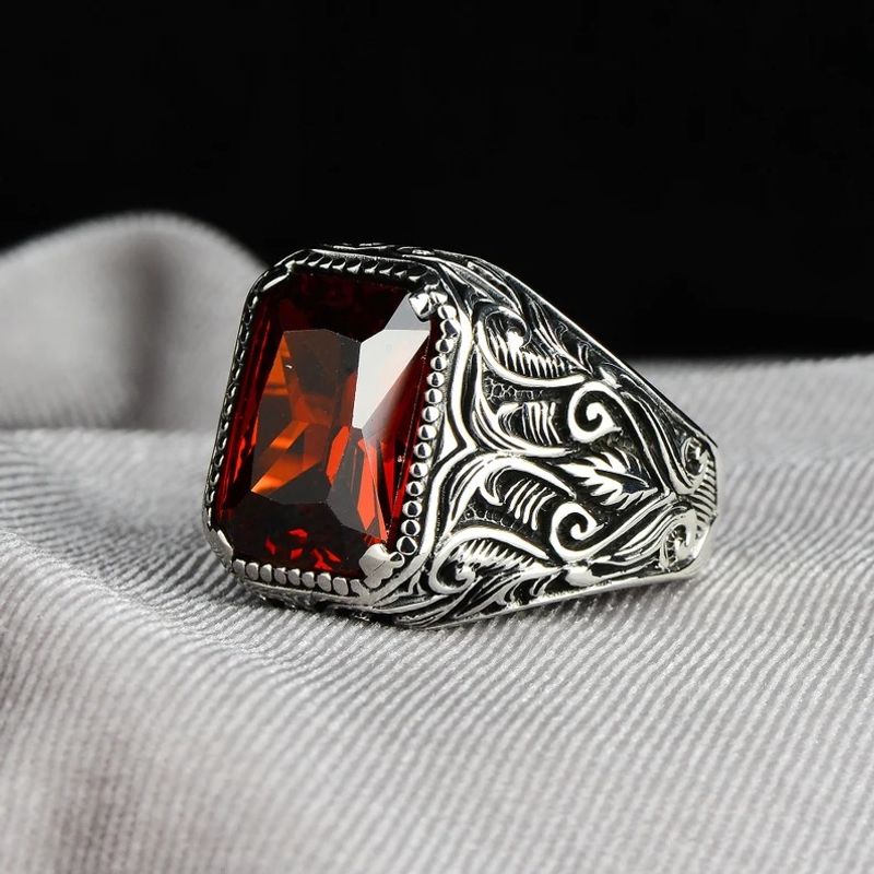 Silver Ring Personalized Fashion European and American Creative Inlaid Square Red Zircon Men's Dating Ring_voghion.com