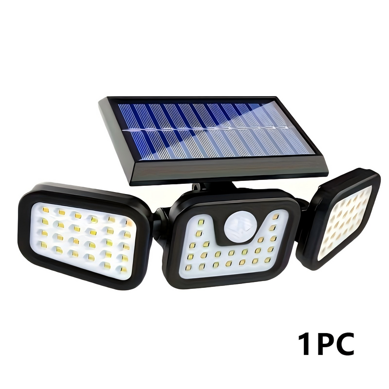 Solar-Wandleuchte, LED-Solarleuchte für den Außenbereich, Gartenleuchte, 74 LEDs mit drei Köpfen, menschlichem Körpersensor, 3 Beleuchtungsmodi mit Bewegungsmelder_voghion.com