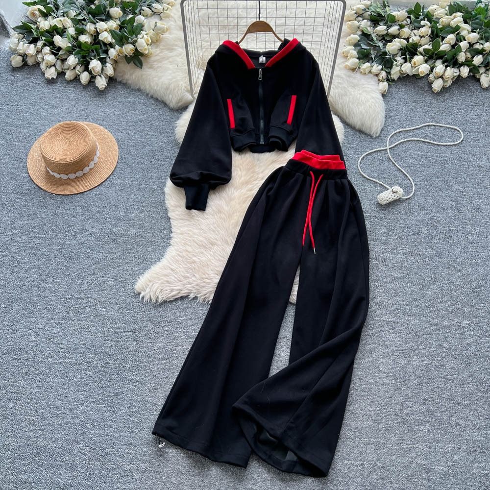 Completo con felpa con cappuccio color-block retrò e pantaloni con coulisse a vita alta – Giacca corta con cerniera, pannelli a contrasto e pantaloni da salotto affusolati (M/L)_voghion.com