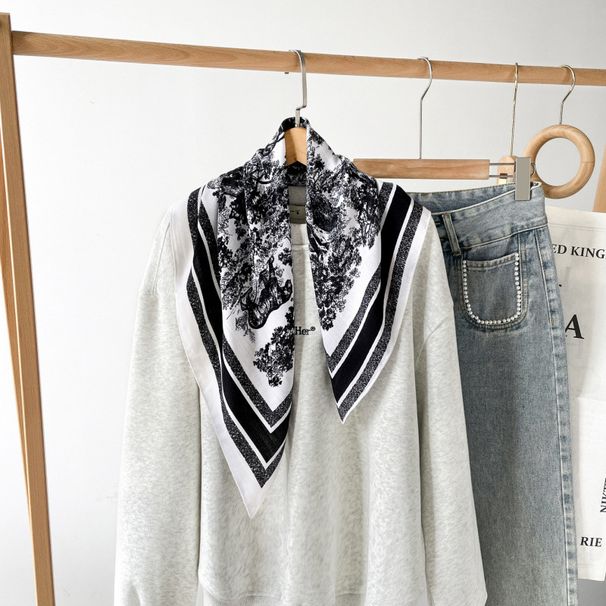Nuova sciarpa quadrata piccola da donna da 70 cm, sciarpa in cotone con motivo a spina di pesce forestale bianco e nero_voghion.com