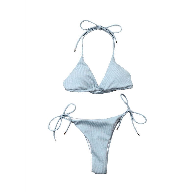 Happybuyner Maillot de bain 2 pièces pour femme - Soutien-gorge rembourré push-up + string taille basse noué sur le côté - Couleur unie_voghion.com