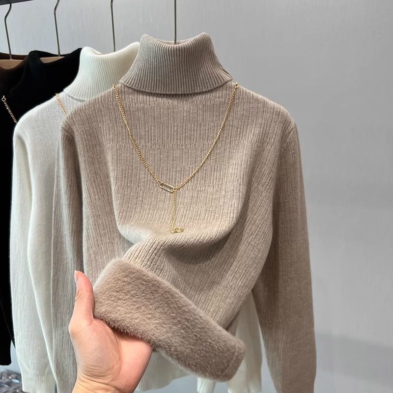 Women's Fleece-Lined High Neck Thermal Sweater - Soft & Warm Winter Pullover, Loose Fit, Long Sleeve, Casual & Elegant (Black/White/Brown/Khaki)_voghion.com