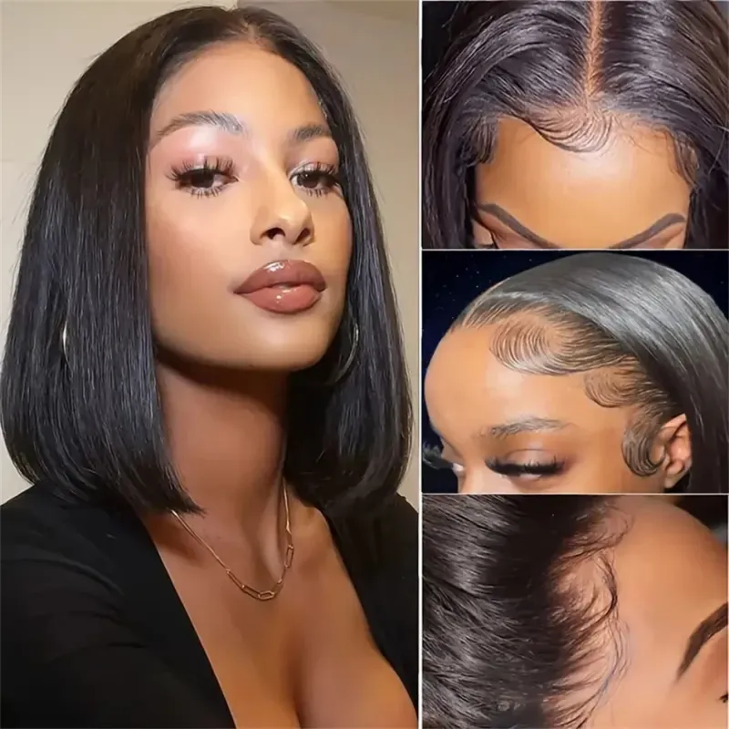 Dunkelbraune kurze Bob Perücke Echthaar Lace Front Perücken gerade Frau_voghion.com