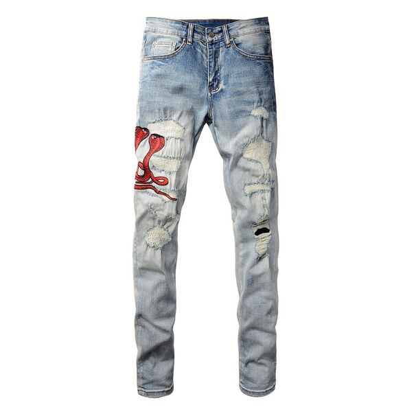 Herrkläder i samma stil katt morrhår rynkiga broderade orm lapptäcke hål elastisk slim fit skinny jeans jeans_voghion.com