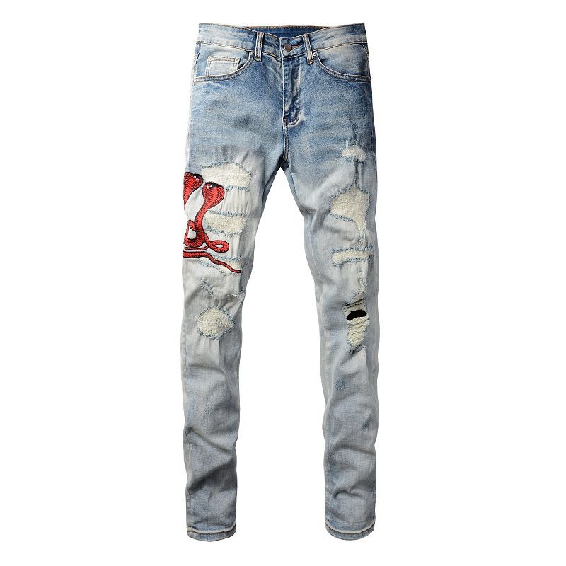 Men's Clothing ins same style cat whisker wrinkled embroidered snake patchwork hole elastic slim fit skinny jeans jeans_voghion.com