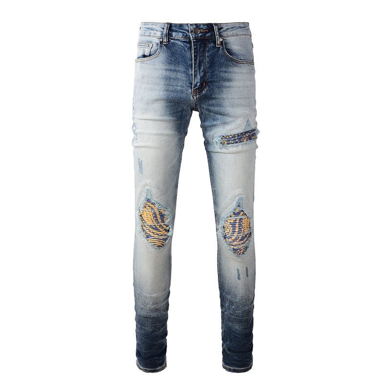 Jeans aderenti aderenti elastici slim fit con toppa gialla e baffi di gatto, da uomo_voghion.com