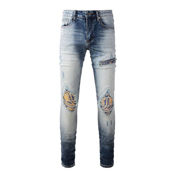 Jeans aderenti aderenti elastici slim fit con toppa gialla e baffi di gatto, da uomo_voghion.com