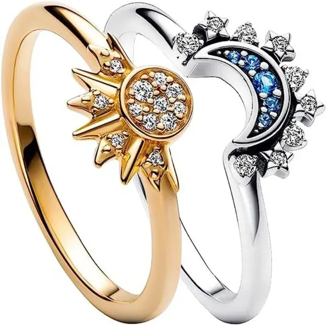 Bague de fiançailles pour Couple, bleu ciel scintillant, lune et soleil, ensemble de doigts empilables pour femmes, nouvelle collection été 2024, 2 pièces/ensemble_voghion.com
