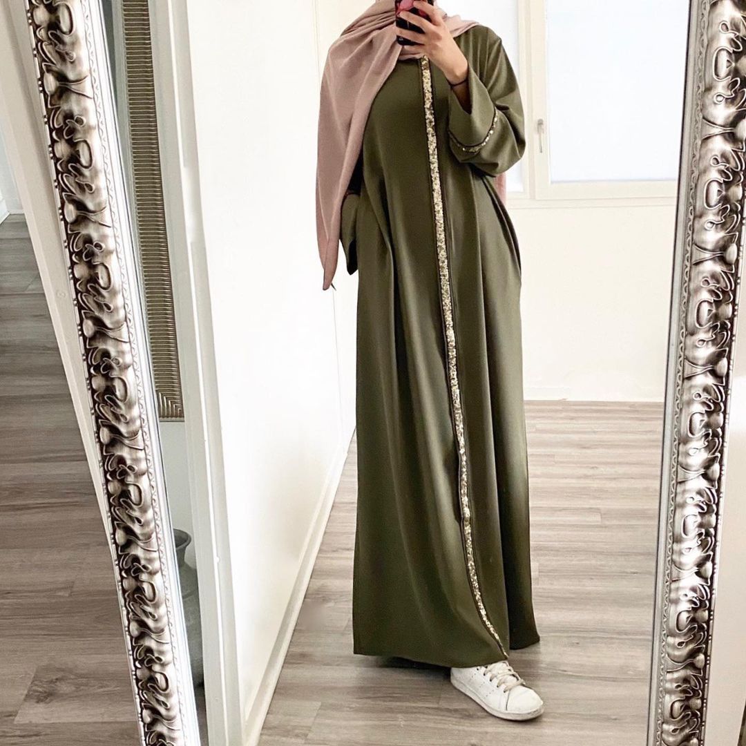 New Muslim Women's Patchwork Border Sequin Dress Solid Color Long Robe_voghion.com