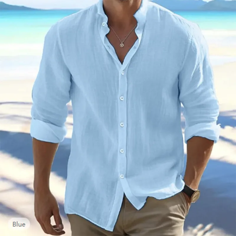 Camicia da uomo a maniche lunghe in cotone e lino, estiva, in saldo, stile spiaggia, tinta unita, casual, versatile, con colletto alto_voghion.com