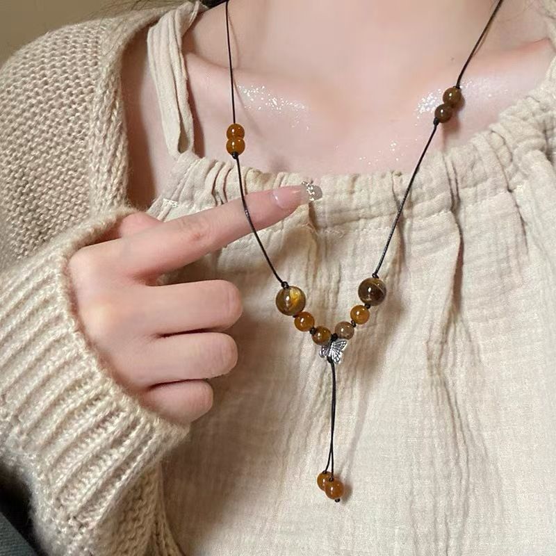 Collier à double chaîne longue et vieillie pour fille rétro et sexy, style ethnique bohème, chaîne de pull perlée à fleurs colorées_voghion.com