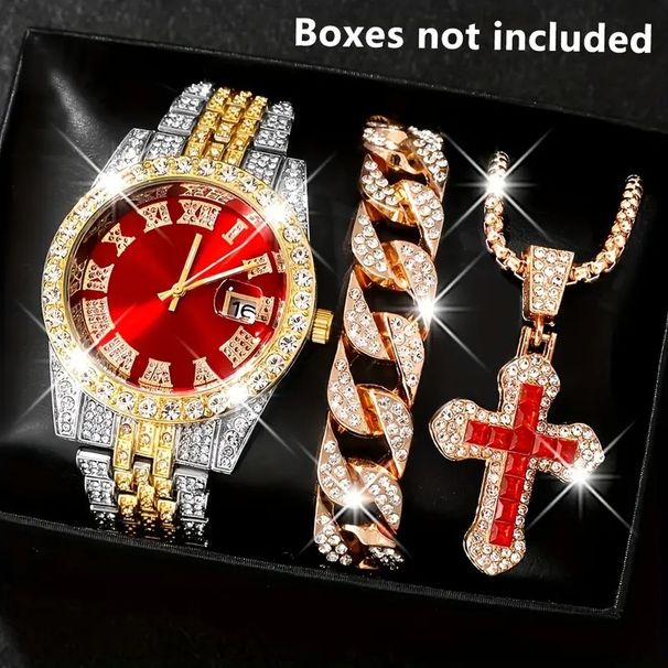 Stylish Cuban Link Bracelet Set With Alloy Diamond Accents Men's Watch - Hip Hop Trendy Accessory For Men_voghion.com