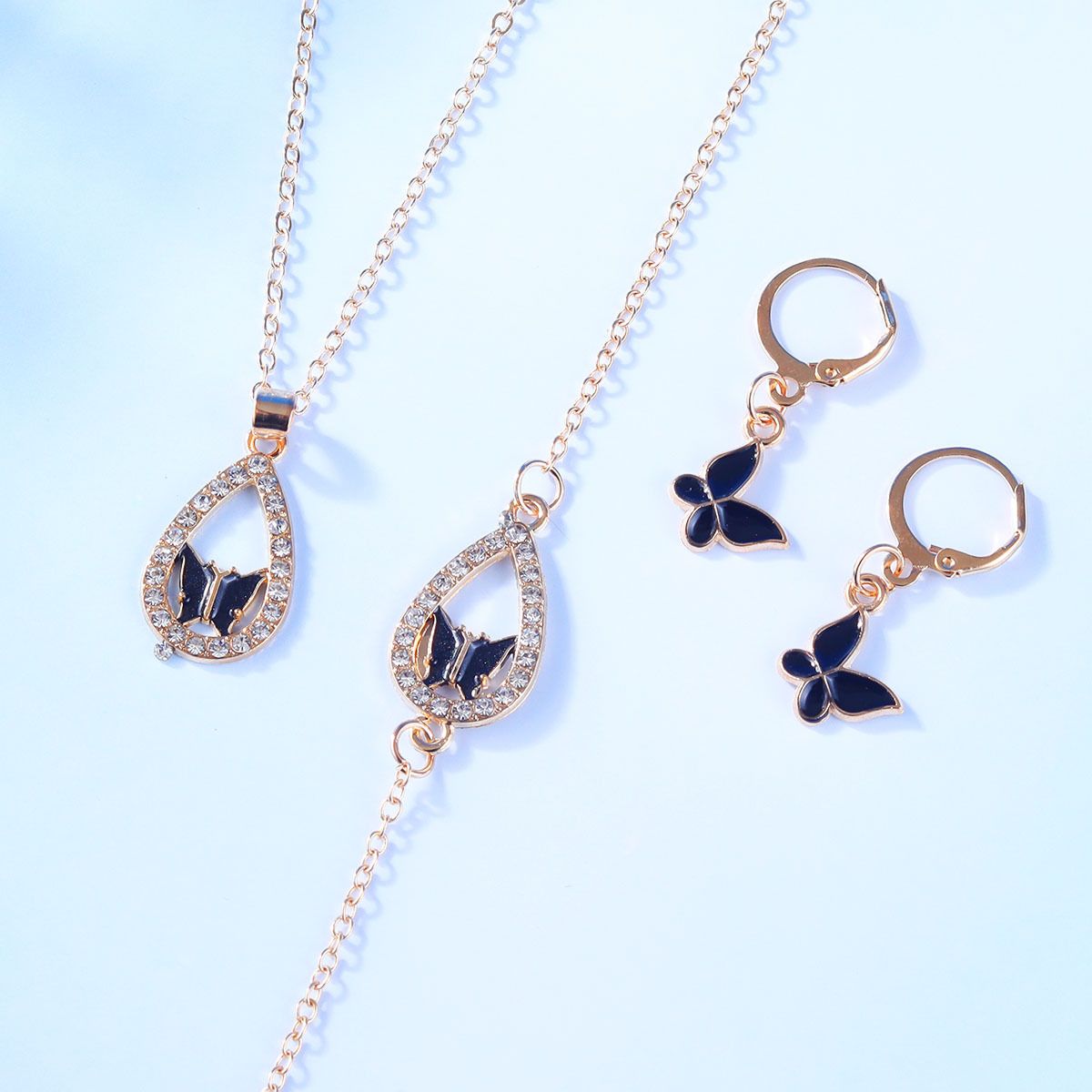 Nuova tendenza classica estiva collana a farfalla bracciale orecchini personalità versatile multicolore goccia di olio gioielli con diamanti_voghion.com