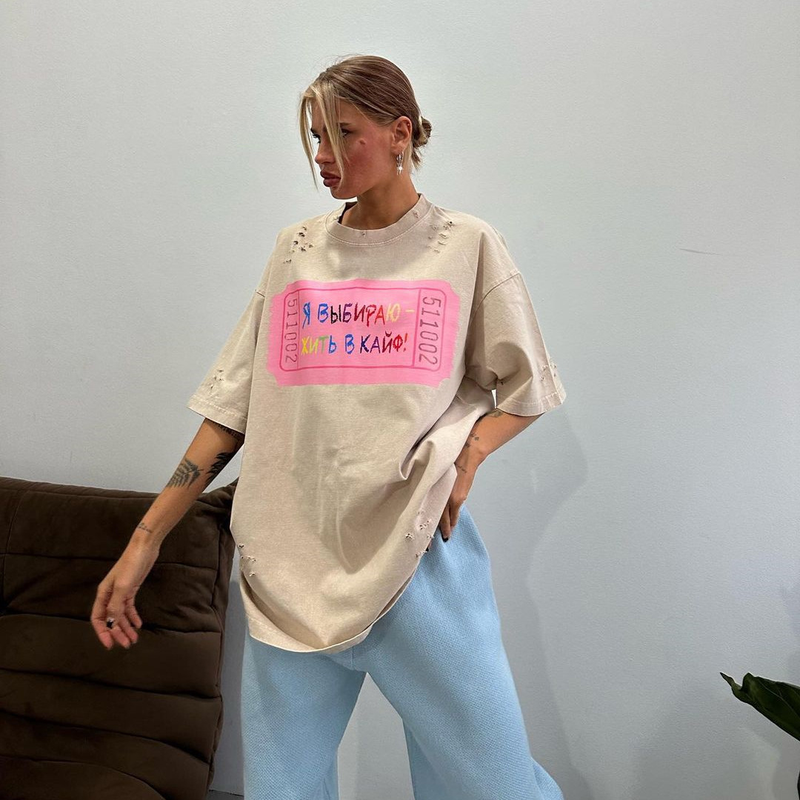Oversize letter print contrasting color T-shirt basic versatile short sleeved front shoulder slimming mid length round_voghion.com