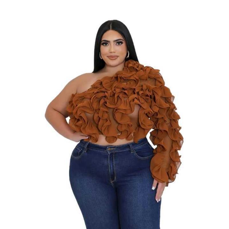 Women's Clothing Oblique Shoulder Style Ruffled Mesh T Shirt_voghion.com