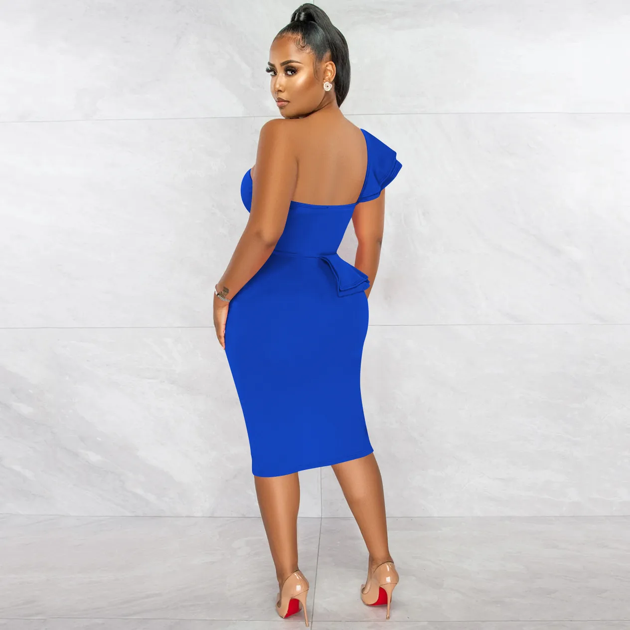 Women's Clothing fashion casual ruffled slit one shoulder sleeve dress women's clothing_voghion.com