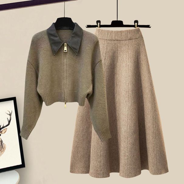 Moteriški drabužiai Didelio dydžio žieminis profesionalus kostiumas apkūnioms moterims, aukštos klasės, mažas ir lieknas, kūną dengiantis megztinis su sijonu, dviejų dalių kostiumas._voghion.com