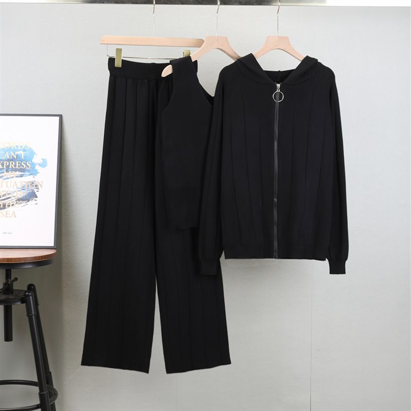 Vêtements pour femmes automne nouveau costume tricoté mode décontractée pour femmes veste zippée + gilet + pantalon large costume de sport trois pièces_voghion.com