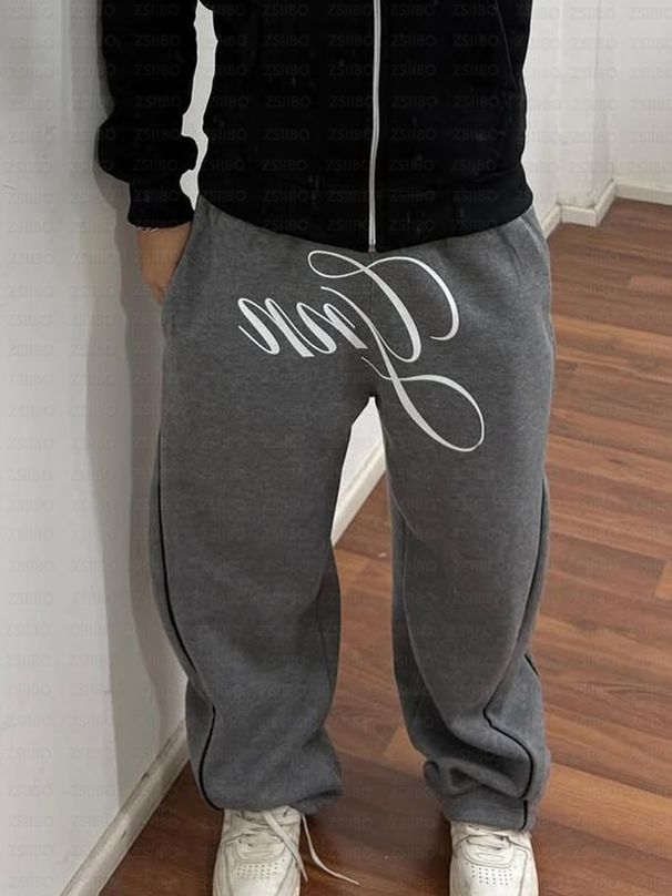 Urban Streetwear Couple Set – Zip-Up Letter Print Hoodie & Loose Fit Sweatpants (Black/Blue/Dark Gray)_voghion.com