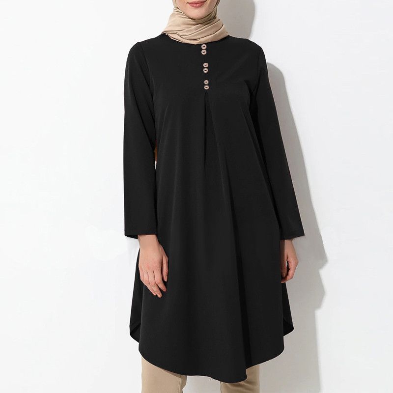 Robe trapèze en queue d'aronde pour femmes musulmanes, couleur unie, couture de boutons, mode décontractée, manches longues_voghion.com