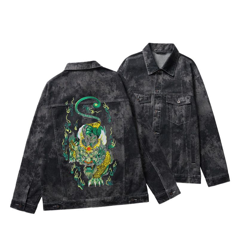 Jean homme 2024 nouveau style américain col rabattu décontracté broderie lourde vert Pixiu printemps automne fluorescent_voghion.com