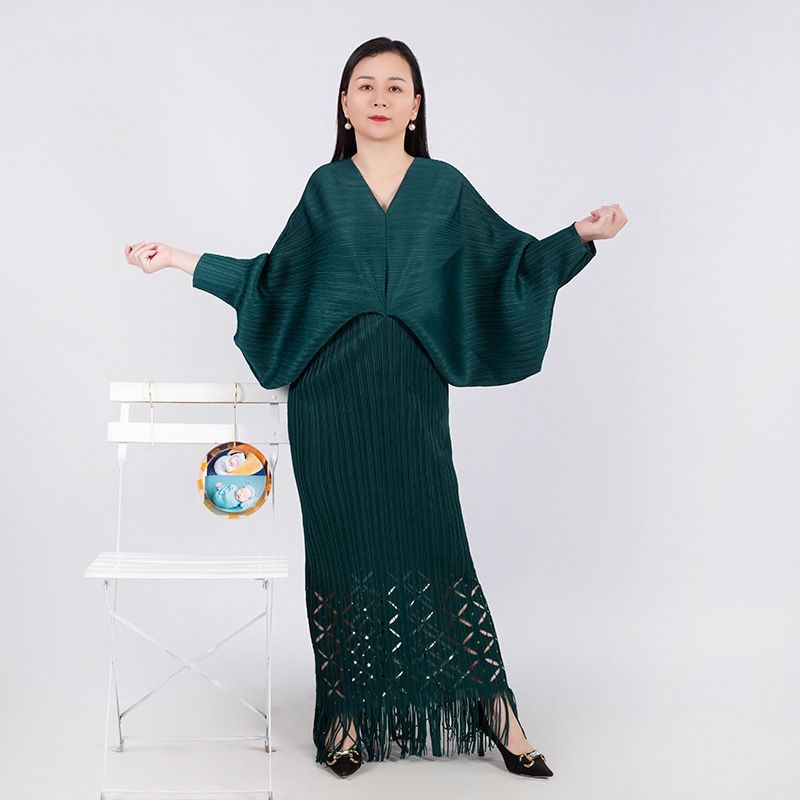 Plissiertes Fledermauskleid mit V-Ausschnitt für Damen – Maxikleid mit Crinkle-Struktur – Elegante Tunika in Übergröße (Einheitsgröße S-L)_voghion.com