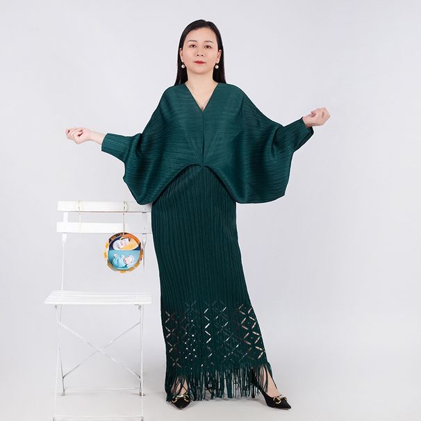 Plissiertes Fledermauskleid mit V-Ausschnitt für Damen – Maxikleid mit Crinkle-Struktur – Elegante Tunika in Übergröße (Einheitsgröße S-L)_voghion.com