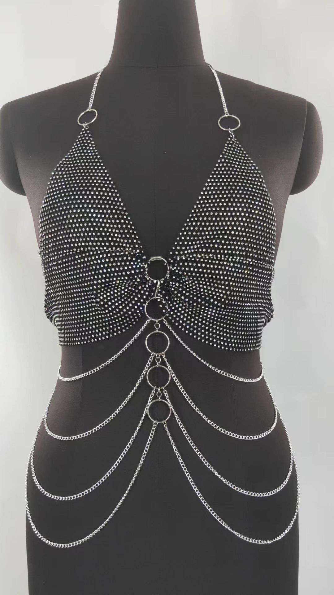 MW3147 European and American vest rhinestone inlaid diamond cloth small rings connected with multi-layer wave tassel side swing chain body chain_voghion.com