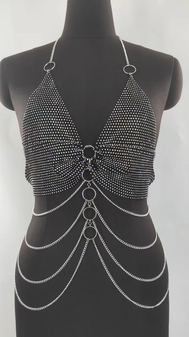 MW3147 European and American vest rhinestone inlaid diamond cloth small rings connected with multi-layer wave tassel side swing chain body chain_voghion.com