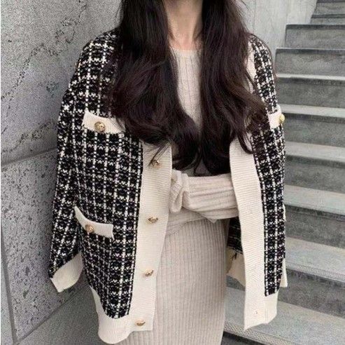 2024 autumn/winter Korean chic simple style contrasting color single breasted checkered knit cardigan long sleeved_voghion.com