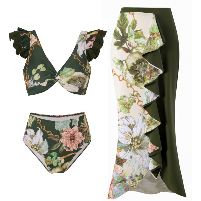 Dameskleding Driedelig pak Driedimensionale kant Schouderbanden Sexy Diepe V Bikini Strandrok_voghion.com