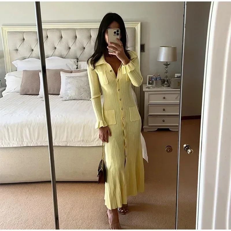 Women's Clothing hot selling ruffled V neck knitted dress_voghion.com