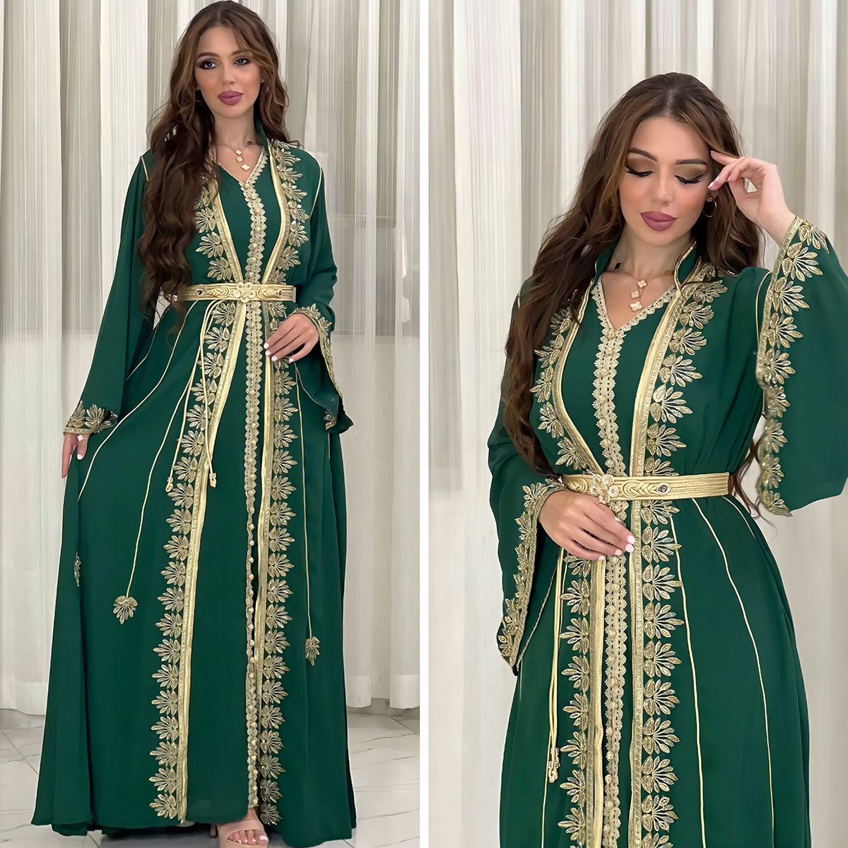 Elegant Muslim Abaya Dress With Embroidery & Beading - Long Sleeve Modest Two-Piece Set For Women, Comfortable Polyester Fabric_voghion.com