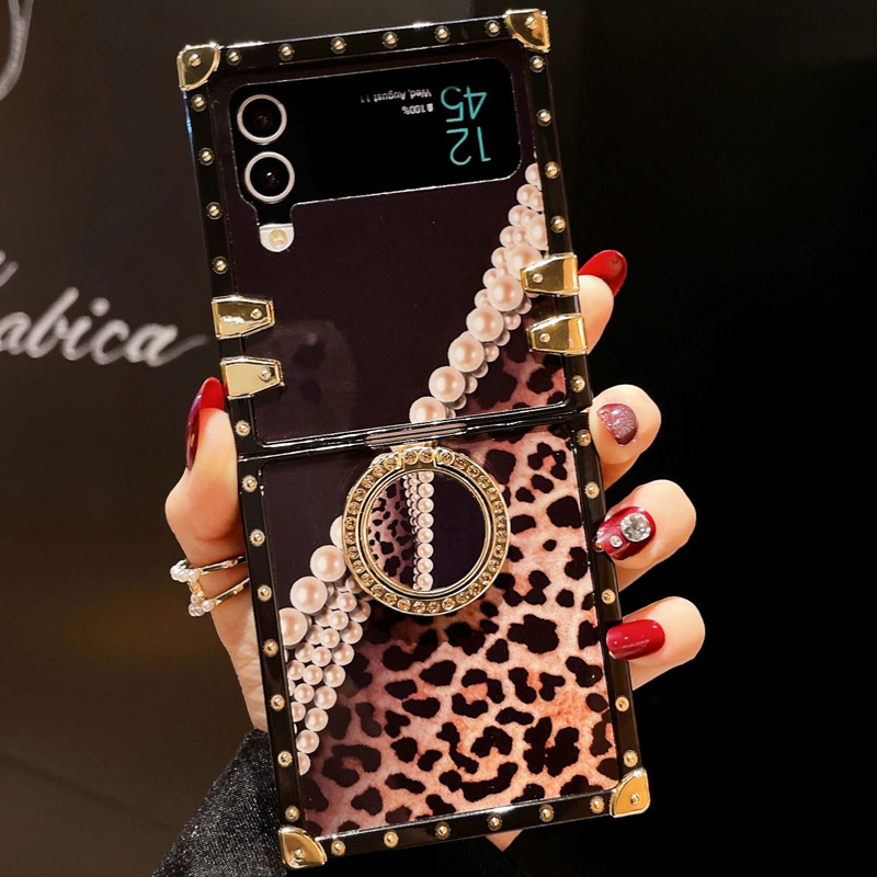 Lyxig Shine Leopard Fjäderring För Samsung Galaxy Z Flip 3 5G Z Flip4 Zflip3 S23 S22 Note20 Ultra S21FE Stötsäkert bakstycke_voghion.com