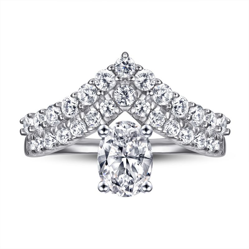New S Pure Silver Gold Plated V-Shaped Double Row Water Drop Zircon Diamond Ring For Women_voghion.com