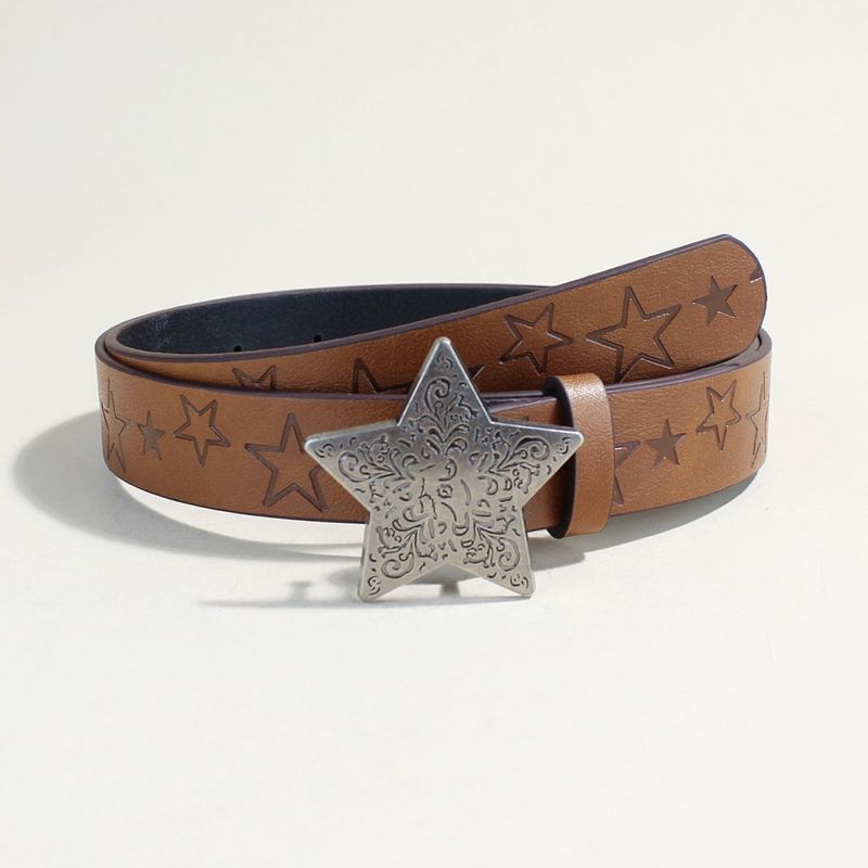 ​​Unisex Star Print Belt - Brown Textured Leather With Snap Button (Streetwear Accessory)​​_voghion.com