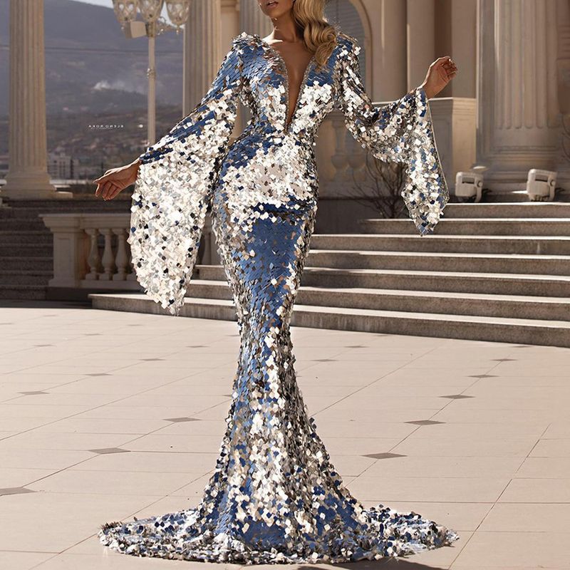 Damenbekleidung Sexy Paillettenkleid Silber Bankettkleid Hip Abendkleid_voghion.com