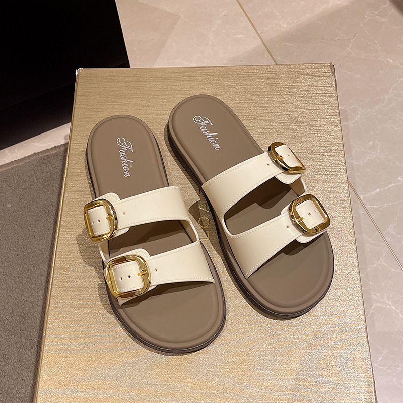 Flat For Women 2025 Summer New Slip-On Lazy Versatile Outdoor Belt Buckle Beach Sandals_voghion.com