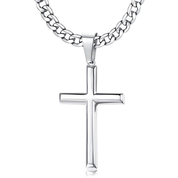 Bestselling Stainless Steel Cuban Link Chain Cross Pendant Necklace Trendy Men_voghion.com