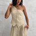Women's Commuter Fashion Khaki Off-shoulder Cotton and Linen Vest Trousers Two-piece Set _voghion.com
