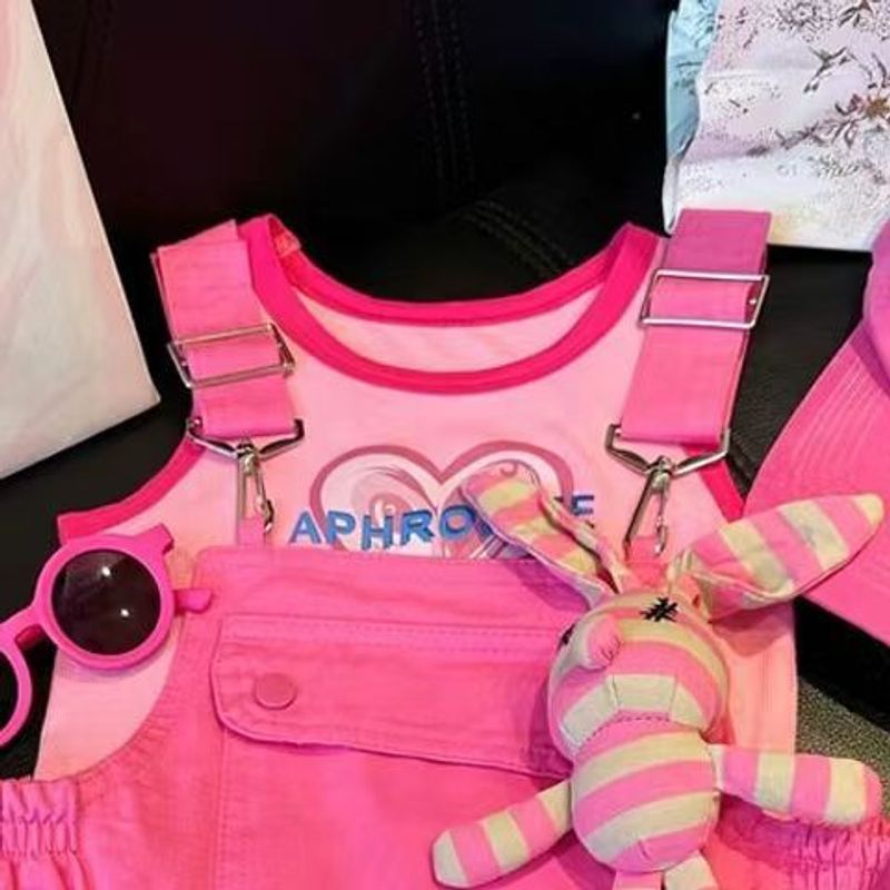Tuta estiva casual per bambine e bambini, elegante tuta casual rosa rossa 2024, nuovo stile per bambini di età media e grande, ampia e versatile_voghion.com