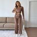 Women's Cropped Track Set - Ribbed Velvet Lounge Two-Piece For Streetwear Style (Mocha, S-XL)_voghion.com