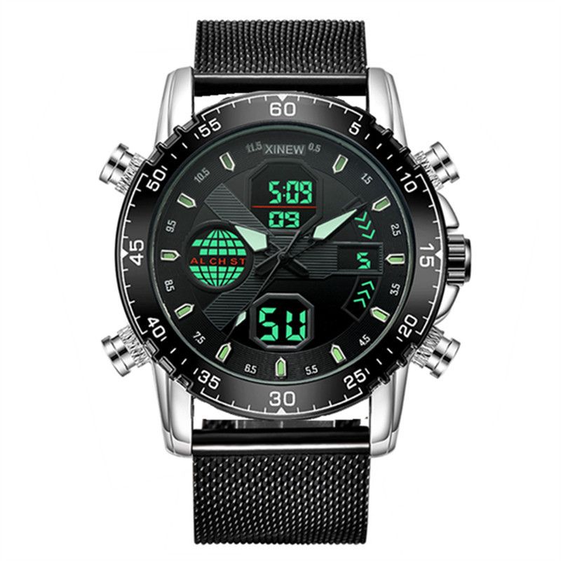 Men's Stainless Steel Analog Digital Dual Display Sports Watch With Luminous, Alarm, Calendar & GMT Functionality Multi Function Sports Watch_voghion.com