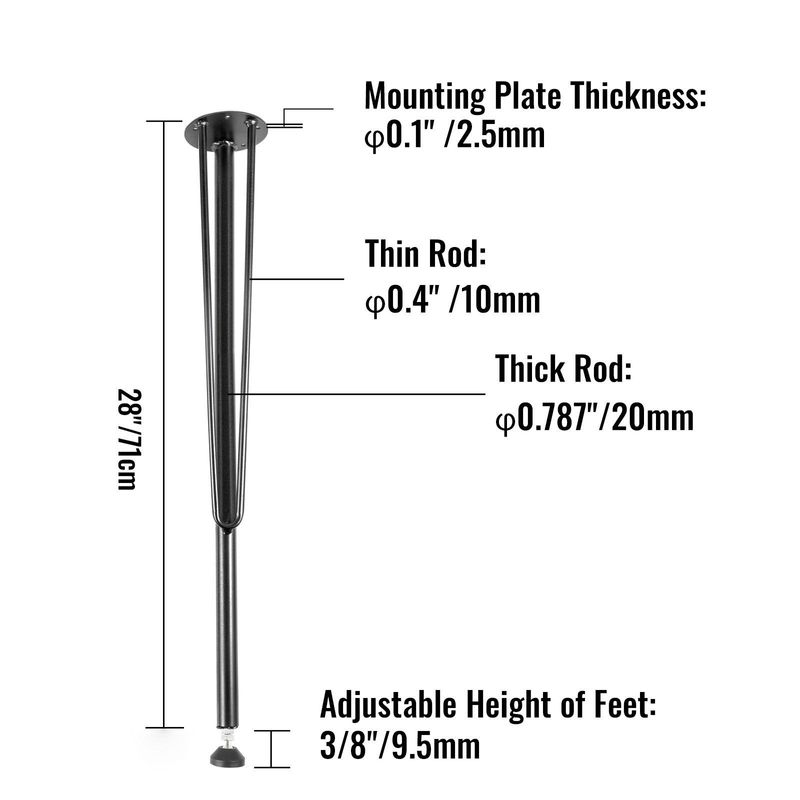 VEVOR Hairpin Metal Table Legs 28 Inch Desk Legs Set Of 4 Heavy Duty Bench Legs 3-Rod Metal Furniture Legs Wrought Iron Coffee Table Legs Home DIY For Dining Table W/ Rubber Floor Protectors Black_voghion.com
