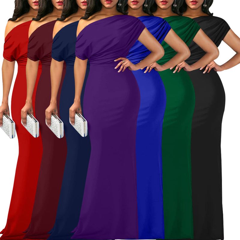 Women's sexy fashion oblique shoulder front slightly wrinkled short sleeve dress_voghion.com