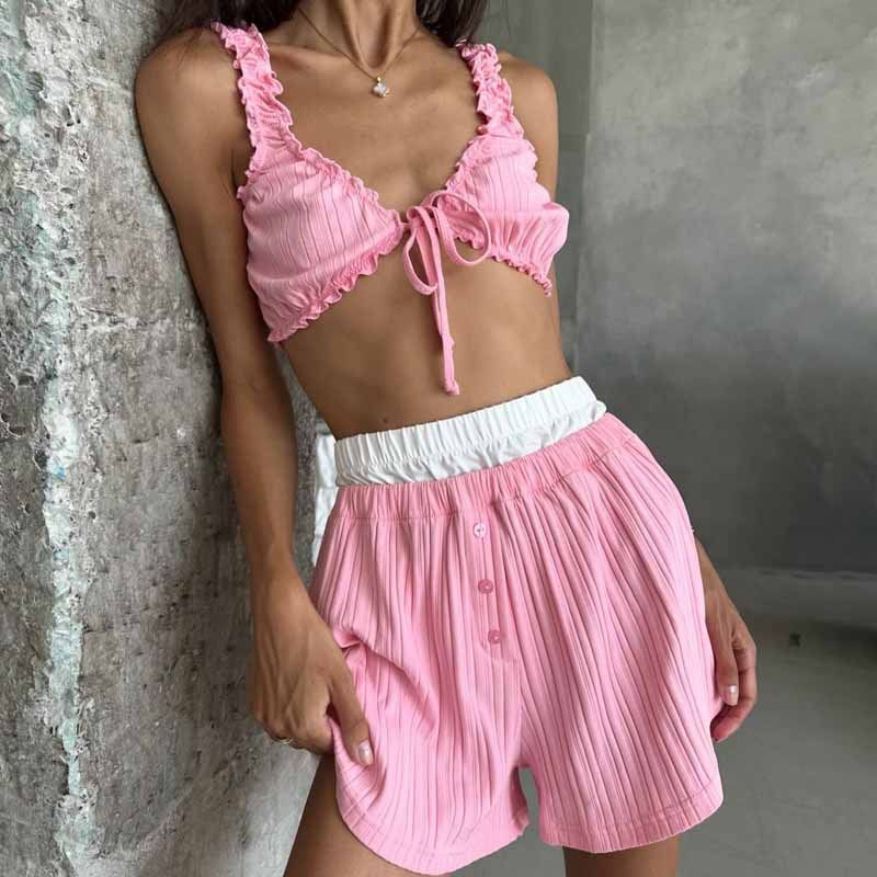Ondergoed & Nachtkleding Roze Gestreepte Cardigan Pyjama Tweedelig Casual Losse Lange Mouwen Shorts Huiskleding Pak_voghion.com