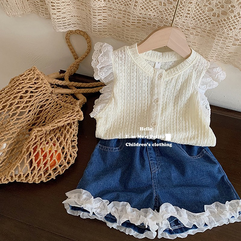 Ensemble deux pièces pour enfants, haut à manches courtes en dentelle et short en jean, nouvelle collection été_voghion.com