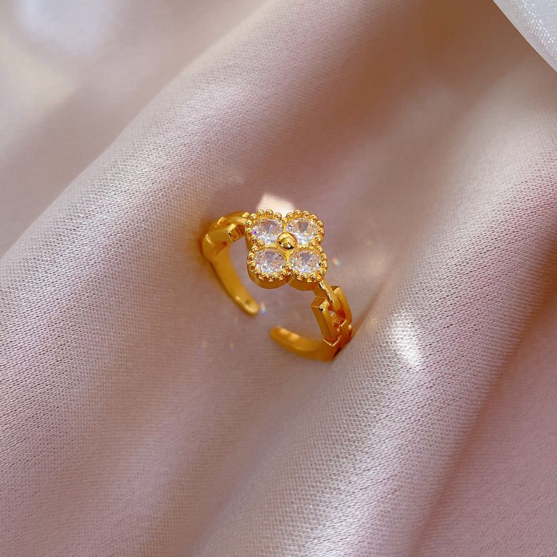 【Placcatura in oro vero】 Anello indice alla moda Lucky Grass da donna aperto con rete rossa Stesso stile semplice e fresco_voghion.com
