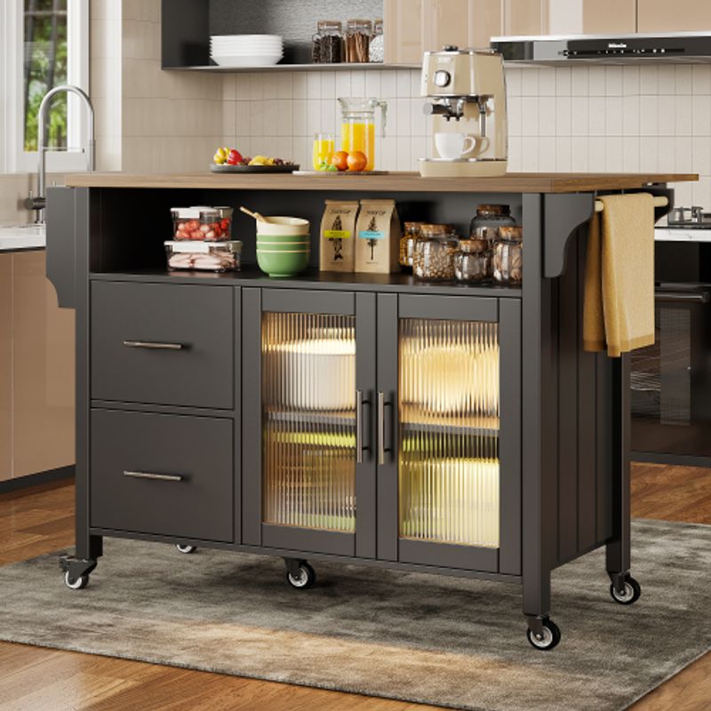 Kücheninsel Mit Herausnehmbaren Trennwänden, Speisewagen Mit Arbeitsplatte, Buffetschrank, Speisewagen Mit Glasvitrine In Holzmaserung, LED-Leuchten, Seitlicher Handtuchhalter Mit Rollen, Schwarz_voghion.com